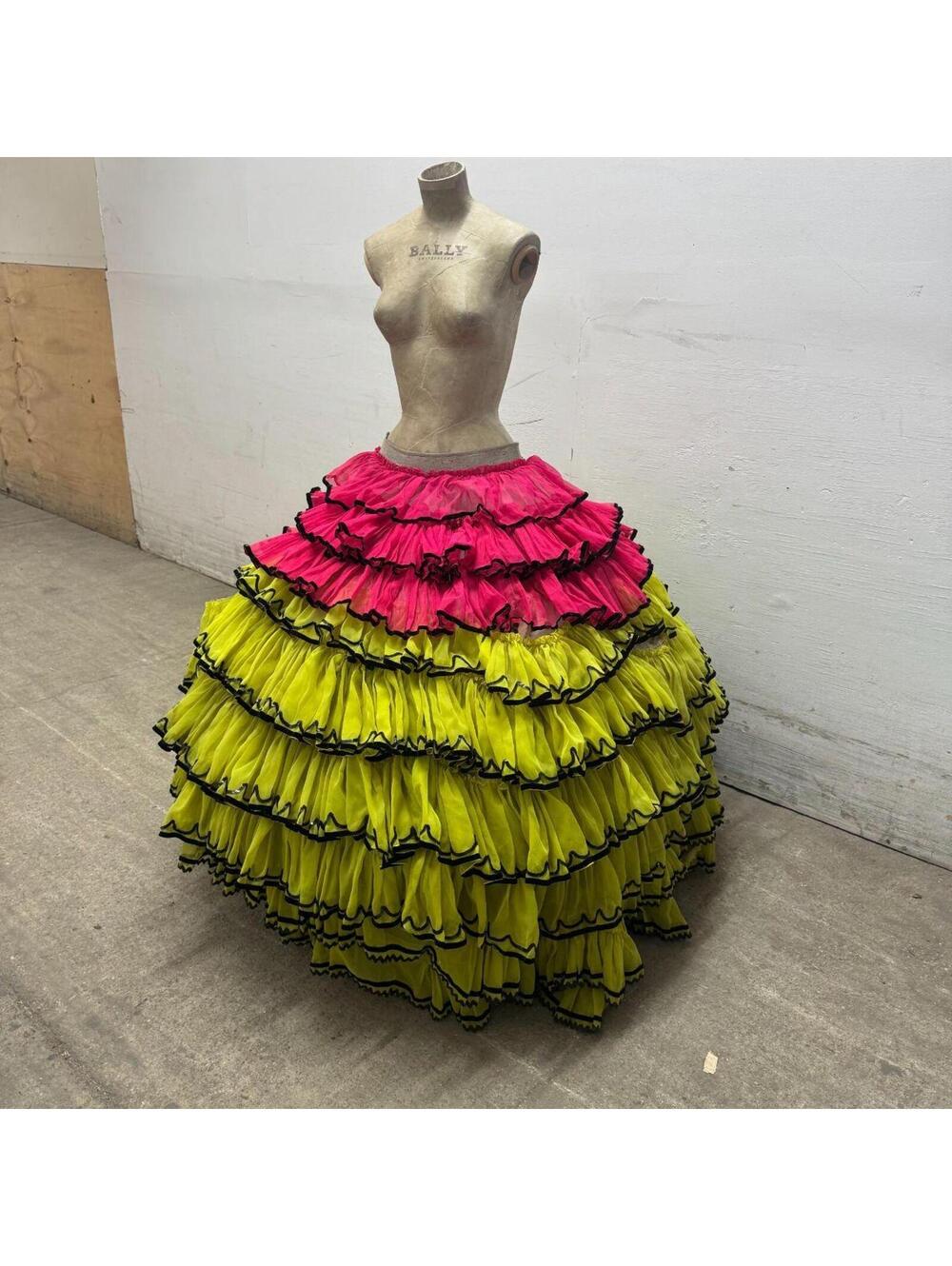 60s 70s Vintage Broadway Costume Neon Tiered Ruffle Hoop Skirt
